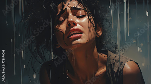 Oil painting. Portrait of a young burnt woman crying in the rain. Raindrops run down the face. The concept of emotions despair, pain, grief, loss.