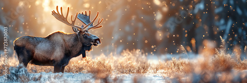 moose alces with horns in a snowy winter field on forest at sunset background close-up