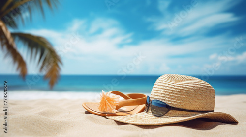 A beach scene with a straw hat and flip flops on the sand