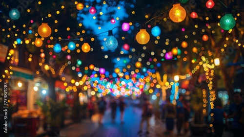 Blurry Night Scene: People Walking Down Street