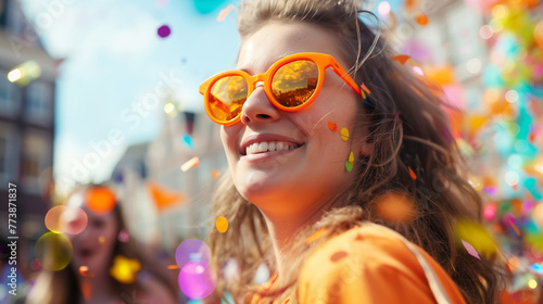 Smiling young woman in orange clothes in Amsterdam during the King's Day national Dutch holiday or Holland football team support. Kingsday celebration in the Netherlands