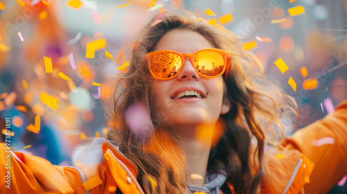 Kingsday celebration in the Netherlands. Young woman in orange clothes and sunglasses in Amsterdam during the King's Day national Dutch holiday or Holland football team support photo