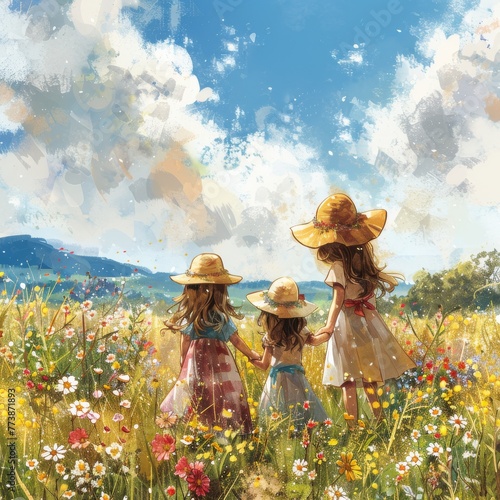 Three Girls in a Field of Flowers