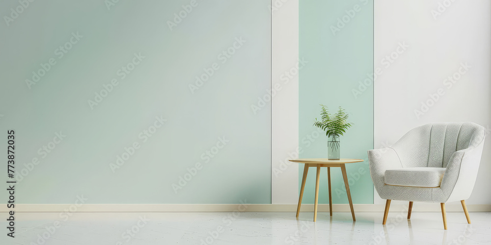 empty green wall with wooden floor and light blue armchair in a minimal interior living room, Minimalist home design empty green wall with wooden floor and light blue armchair in a minimal interior living room, Minimalist home design