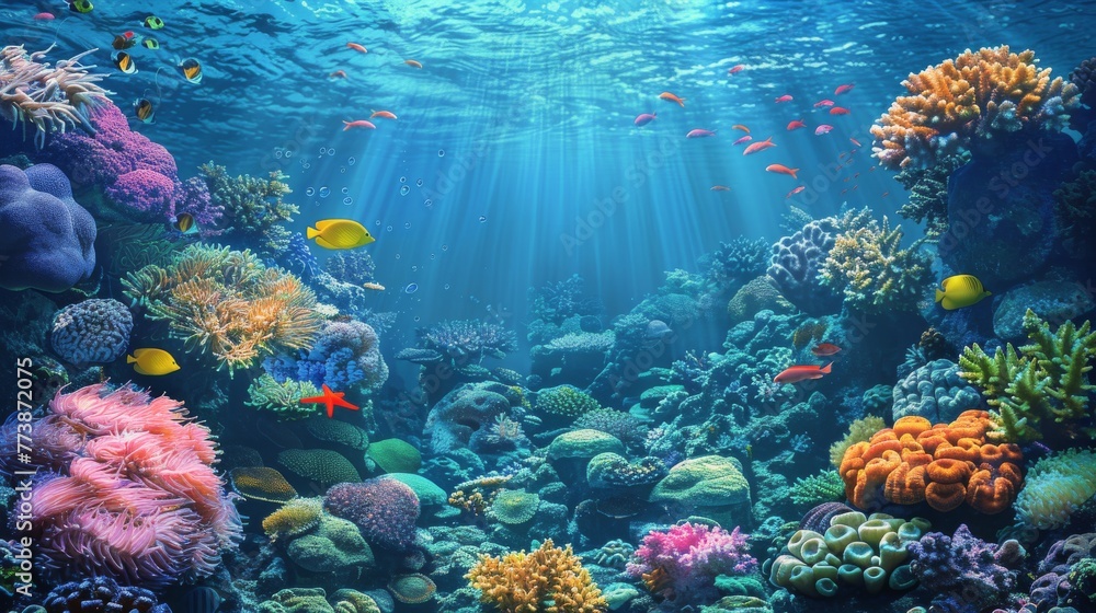 Obraz premium Sunbeams Illuminating Coral Reef Underwater