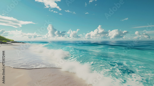Beach travel vacation tropical paradise getaway on coral reef island atoll with idyllic pristine ocean crystal clear turquoise water lagoon. Pefect honeymoon destination background. photo