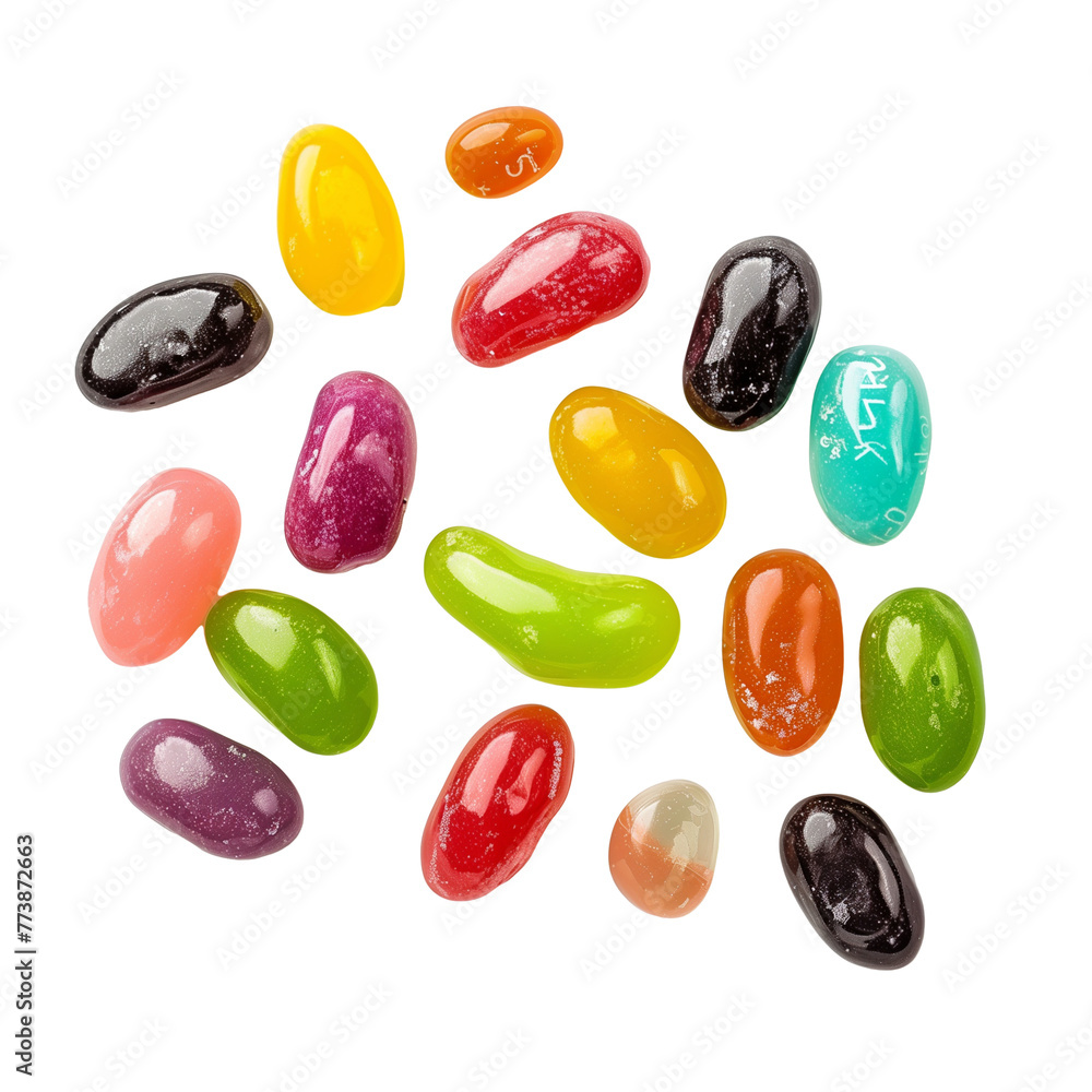 A set of colorful jelly beans scattered on a surface, showcasing a variety of flavors, isolated on transparent background A set of colorful jelly beans scattered on a surface, showcasing a variety of flavors, isolated on transparent background