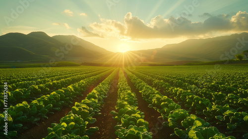 A picturesque agricultural landscape is illuminated by the golden hour sunlight, casting a warm glow over the orderly rows of crops, while mountains loom in the background. photo