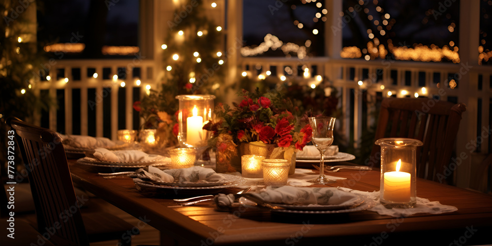 elegant Wedding Table Setting with String Lights and Candles dinner setting with beautiful table decoration in background 