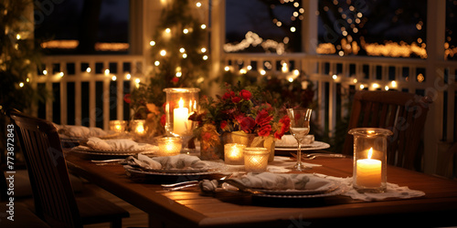 elegant Wedding Table Setting with String Lights and Candles dinner setting with beautiful table decoration in background 