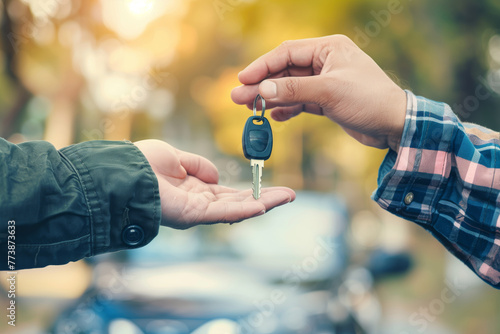 A car salesman hands over car keys to a new owner. A closeup of the key and hand is shown on a blurred background with space for copy, text, or a banner photo