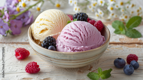 In a bowl  a tempting treat awaits with berry and vanilla gelato ice cream topped with fresh berries and mint leaves  providing a delightful summertime indulgence. Summer Berries Gelato Ice Cream.