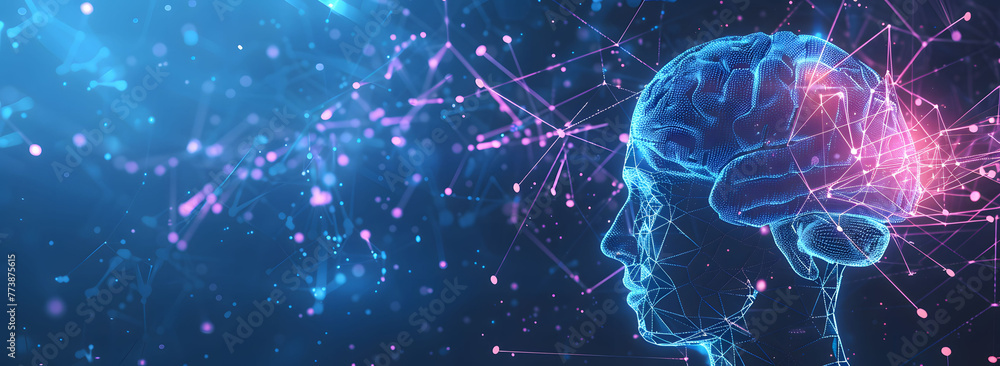 Artificial Intelligence concept banner with a digital brain, human head silhouette, neural connections, and glowing connection lines on a dark blue background with copy space. Artificial Intelligence concept banner with a digital brain, human head silhouette, neural connections, and glowing connection lines on a dark blue background with copy space.