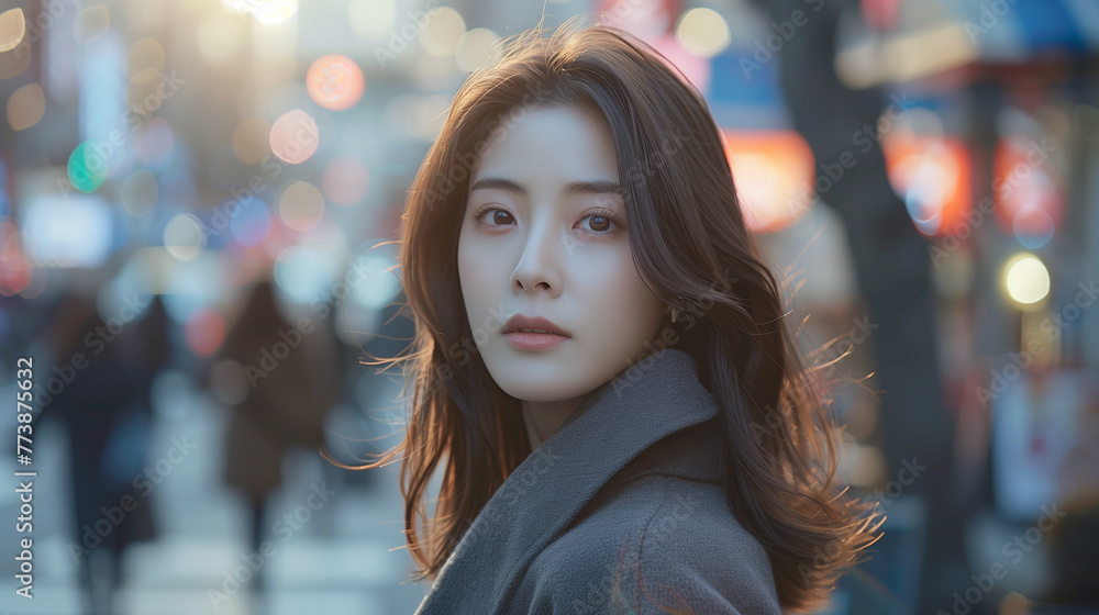 In the heart of the bustling city street, an adult Korean woman strolls amidst the fast-paced urban lifestyle.