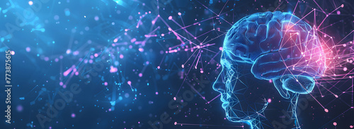  Artificial Intelligence concept banner with a digital brain, human head silhouette, neural connections, and glowing connection lines on a dark blue background with copy space.  photo