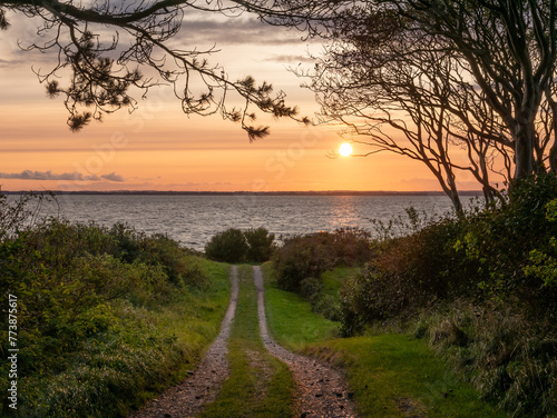 Seaside country road at sunset overlooking Kattegat on Tuno island, Midtjylland, Denmark photo