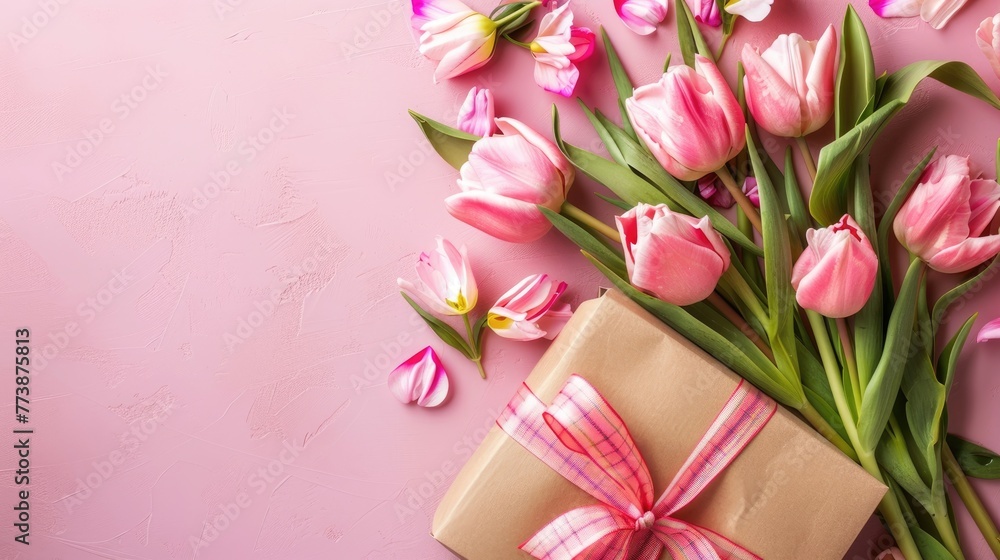 Pink Tulips with Gift and Ribbon Happy Mother's Day