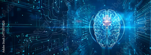  Artificial Intelligence concept banner with a digital brain, human head silhouette, neural connections, and glowing connection lines on a dark blue background with copy space. 