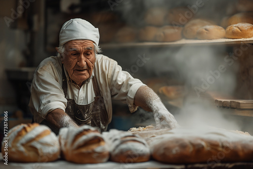 An experienced elderly baker attentively prepares fresh bread, with his skilled hands dusted with flour in a rustic bakery kitchen.