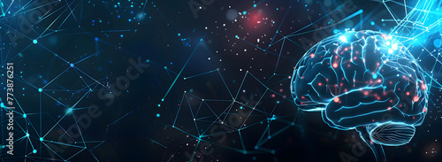 Artificial Intelligence concept banner with a digital brain, human head silhouette, neural connections, and glowing connection lines on a dark blue background with copy space.  #773876251