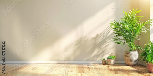 empty room with  plant   sunlight and  wooden floor on beige wall background   
