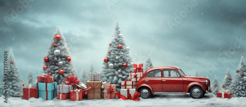 Red retro miniature toy car delivering, carrying Christmas or New Year gifts on top, on festive snow gray background. Christmas invitation card background. © ribelco