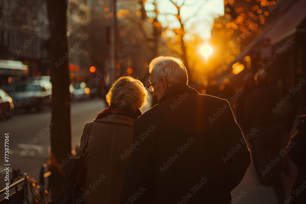 On a bustling city street, an elderly couple shares a heartwarming moment, their affectionate expressions reflecting a lifetime of love and companionship.