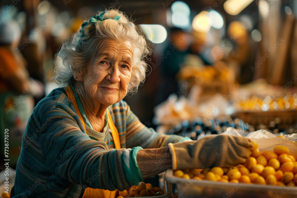 A charming elderly woman with a warm smile offers ripe fruits at her ...