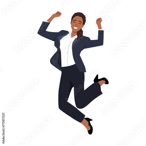Beautiful black happy businesswoman jumping wearing suit. Flat vector illustration isolated on white background