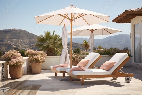 Sun-Drenched Serenity: Resort-Style Patio with Chic Sunbeds and Umbrellas