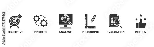 Monitoring banner web icon vector illustration concept with icon of objective, process, analysis, measuring, evaluation and review	