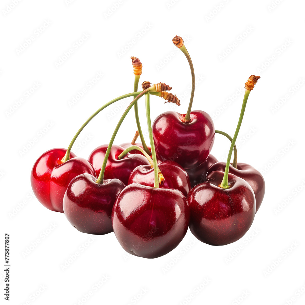 A cluster of fresh cherries with stems, glossy red and plump, hinting at the sweetness within, isolated on transparent background. A cluster of fresh cherries with stems, glossy red and plump, hinting at the sweetness within, isolated on transparent background.