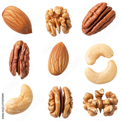 A collection of mixed nuts, including almonds, walnuts, and pecans, offering a variety of textures and health benefits, isolated on transparent background
