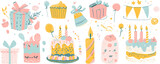 set of cute birthday elements, cake and gifts, flat design illustration with white background