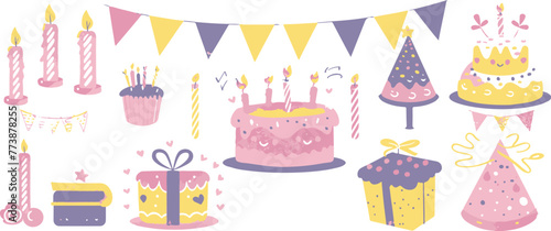 set of cute birthday elements  cake and gifts  flat design illustration with white background