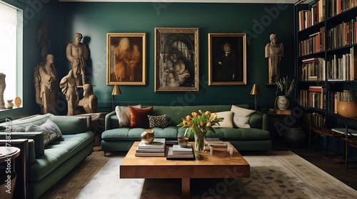 a green-carpeted living room with an eclectic mix of vintage and contemporary elements, showcasing personal treasures, bold artwork, and unexpected details photo