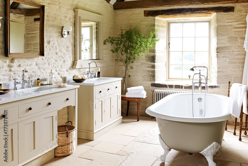 Bathroom decor  interior design and home improvement  bathtub and bathroom furniture  English country house and cottage style  generative ai