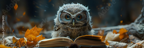 Cute Baby Owl with Glasses Reading a Book , Owl wearing glasses reading book at home 