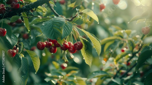 Ripe cherries hanging from a cherry tree branch.