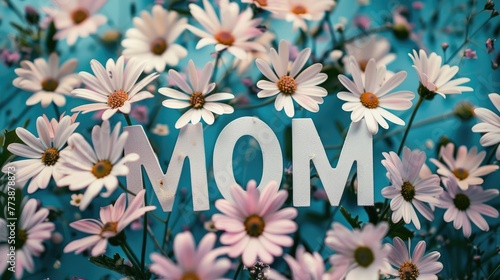 Aqua Backdrop with Daisies Spelling Out MOM