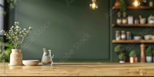Empty wood table top counter on modern kitchen interior background , empty wooden table in green wall room background ,Banner, Ready for product display © Planetz