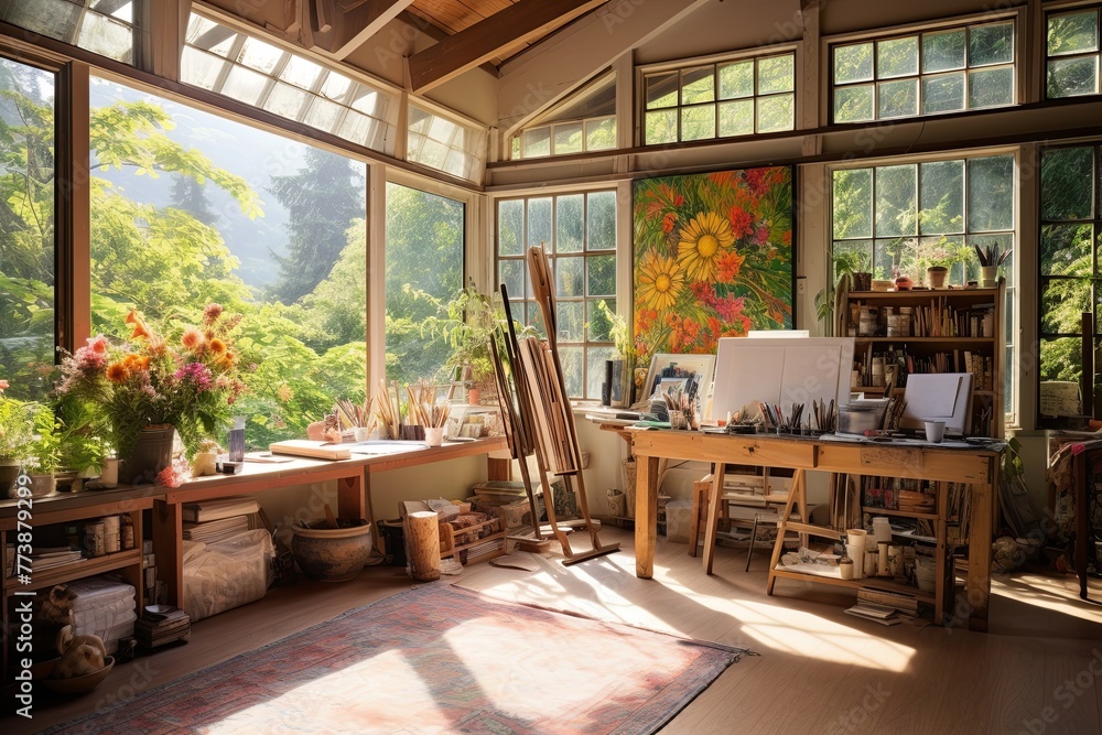 Fototapeta premium Bohemian Chic Art Studio Ideas: Spacious Natural Light & Large Windows