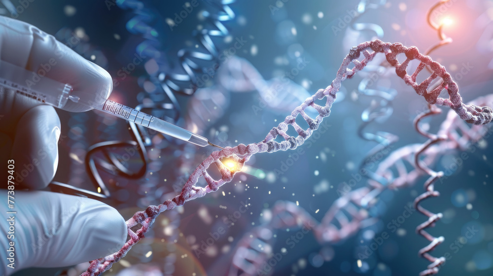 A gloved hand administers a targeted treatment into a DNA helix, illustrating gene therapy or genetic engineering advancements A gloved hand administers a targeted treatment into a DNA helix, illustrating gene therapy or genetic engineering advancements