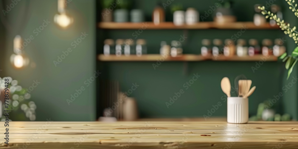 Empty wood table top counter on modern kitchen interior background , empty wooden table in green wall room background ,Banner, Ready for product display