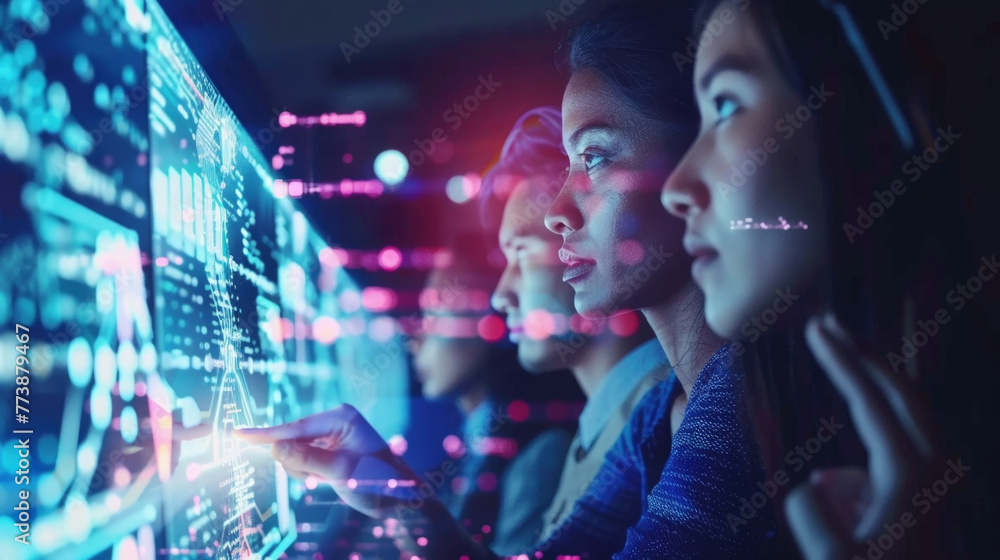 Diverse group of individuals gathered around a computer monitor, examining information and discussing Diverse group of individuals gathered around a computer monitor, examining information and discussing