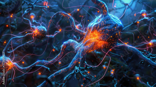 Glowing neurons interconnected by synapses illustrate the firing of electrical impulses in the human brain