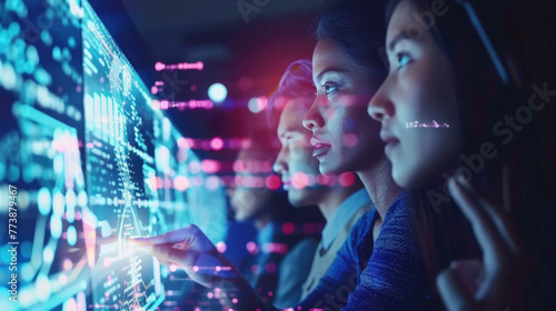 Diverse group of individuals gathered around a computer monitor, examining information and discussing