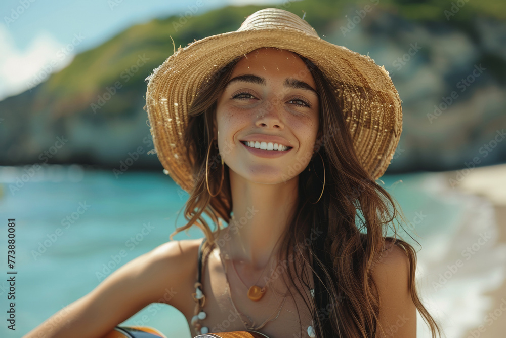 A pretty singer, wearing a hat, plays guitar by the ocean, exuding happiness and relaxation in a close-up portrait.