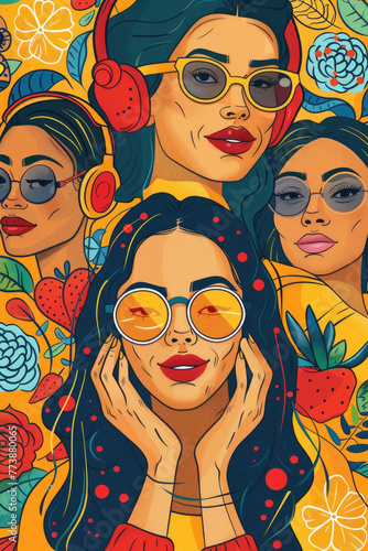 Four illustrated women with headphones and sunglasses are depicted with a colorful floral pattern surrounding them