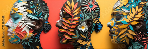 A trio of tribal-inspired masks with intricate patterns and vivid colors presented side by side against a red background